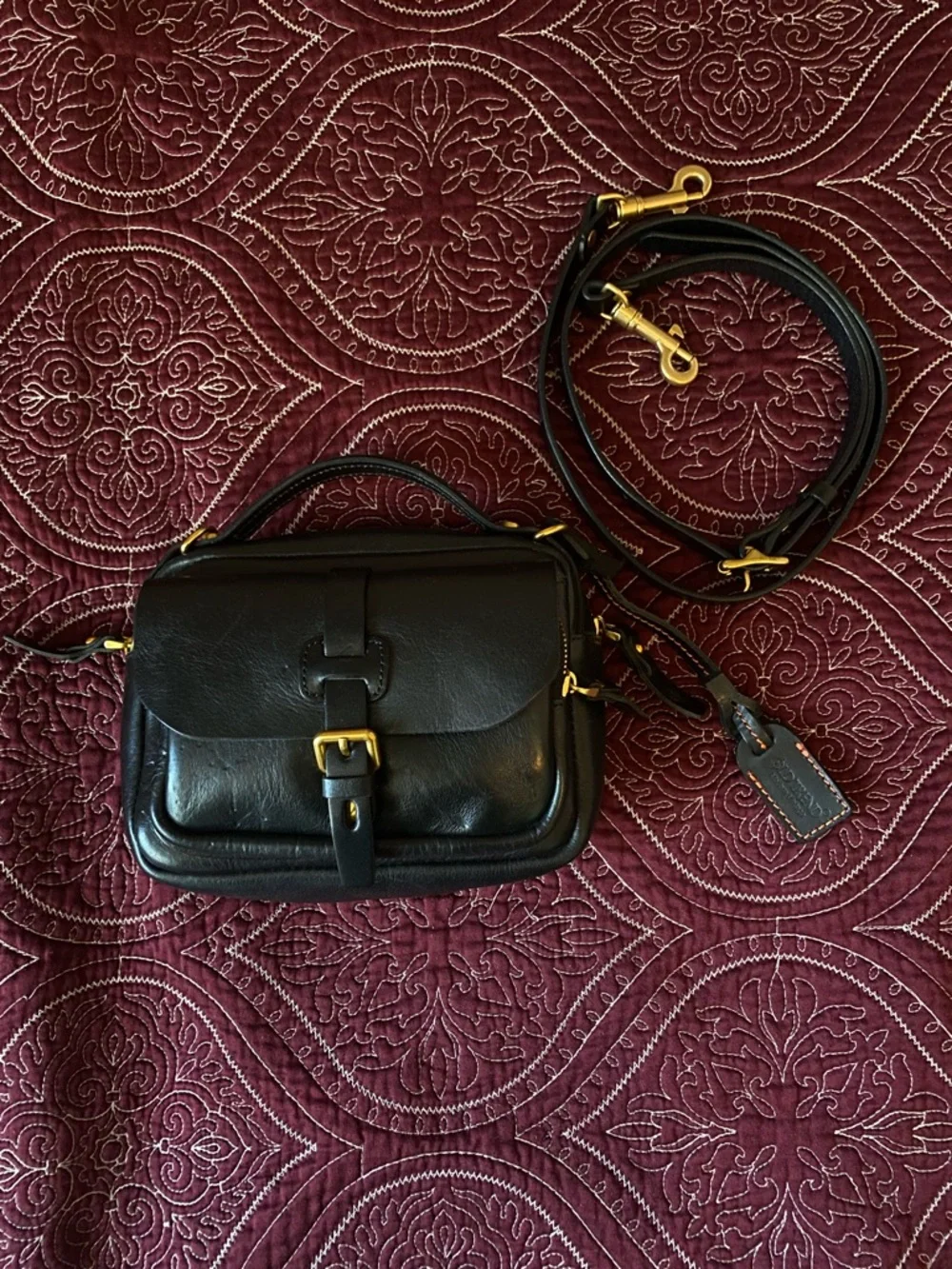 Black Leather Baby Bag with Gold Hardware